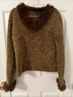 Brown wool blend with Fur Trim V-Neck Sweater
